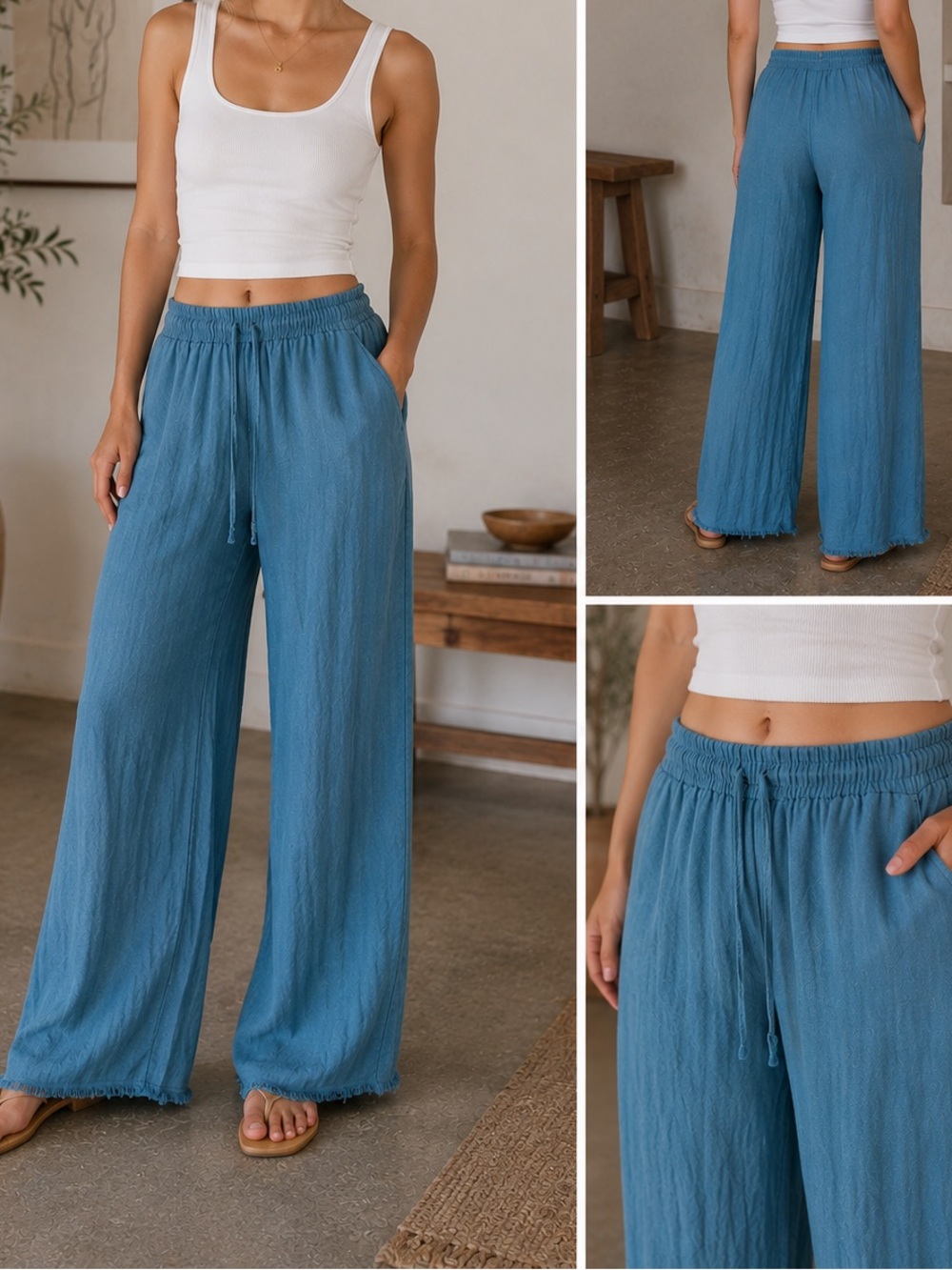 Wide-Leg Drawstring Pants in Blue Xs